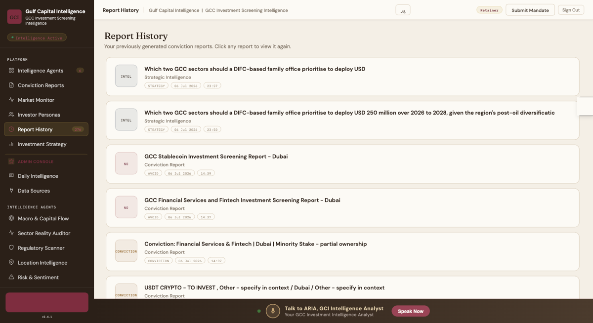 GCI platform: report history with delivered verdicts